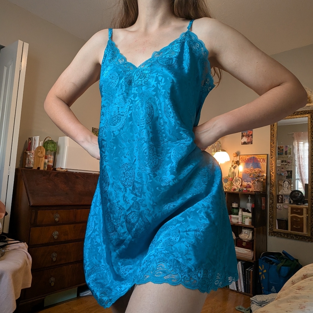 Victoria's Secret Teal Lace-Trim Satin Slip Dress/ lace cami